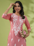 Janasya Straight Cambric Beige Embroidered Round Neck Tunic