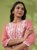 Janasya Straight Cambric Beige Embroidered Round Neck Tunic