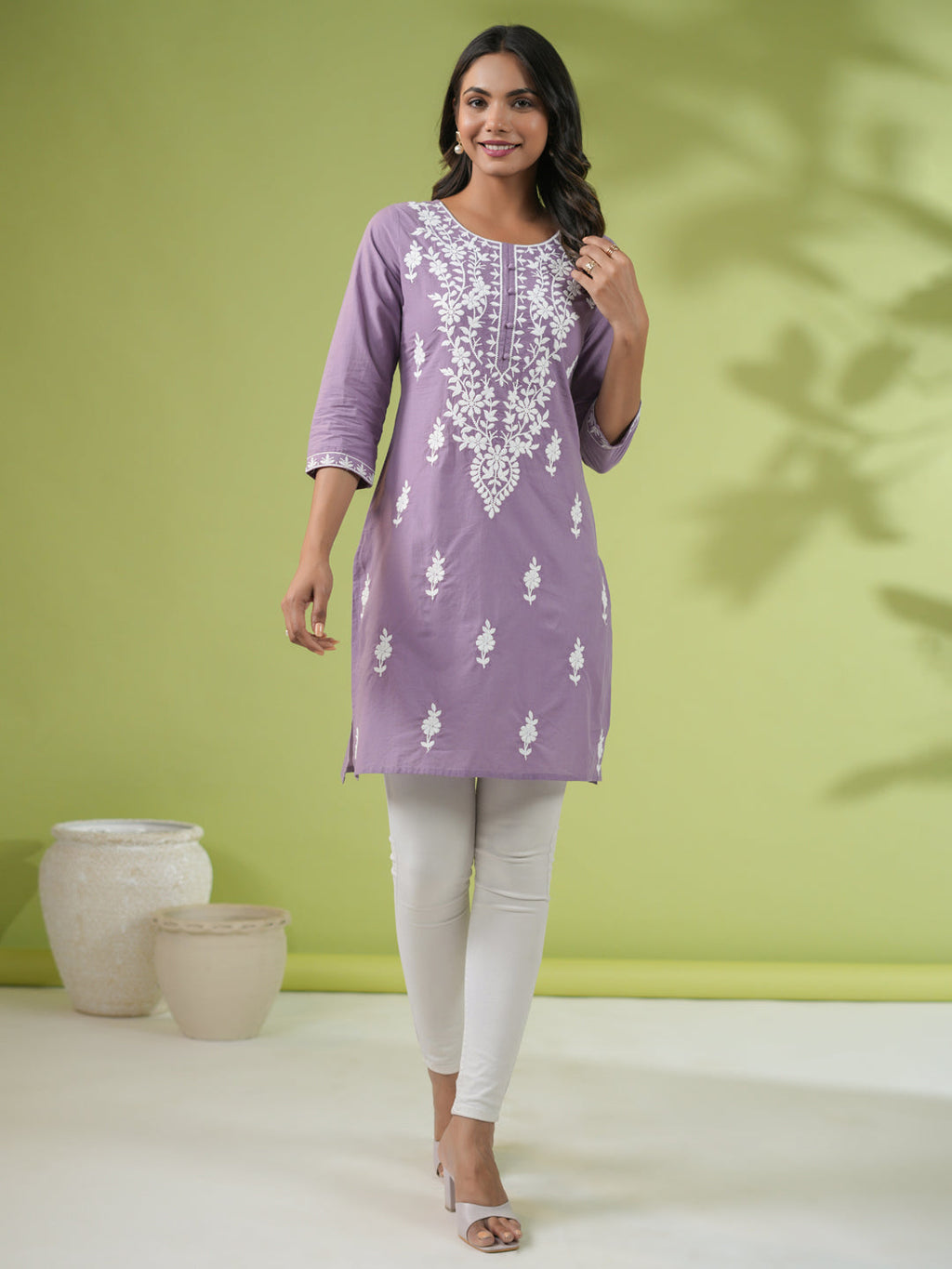 Janasya Lavender Cambric Embroidered Tunic