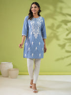 Janasya Straight Cambric Blue Embroidered Round Neck Tunic