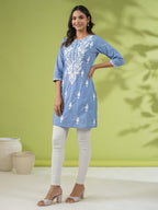 Janasya Straight Cambric Blue Embroidered Round Neck Tunic