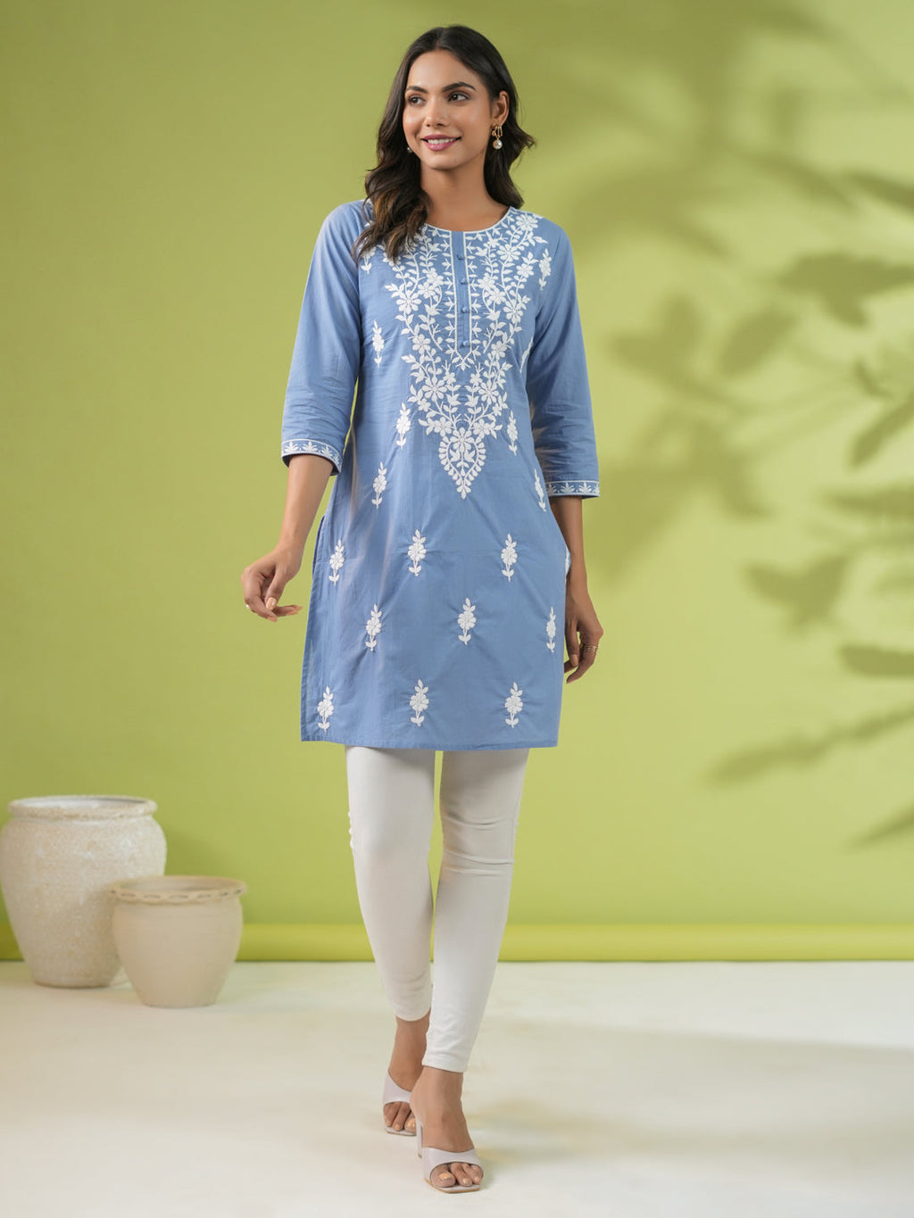 Janasya Blue Cambric Embroidered Tunic