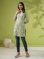 Janasya Regular Cambric Sage Embroidered Round Neck Tunic
