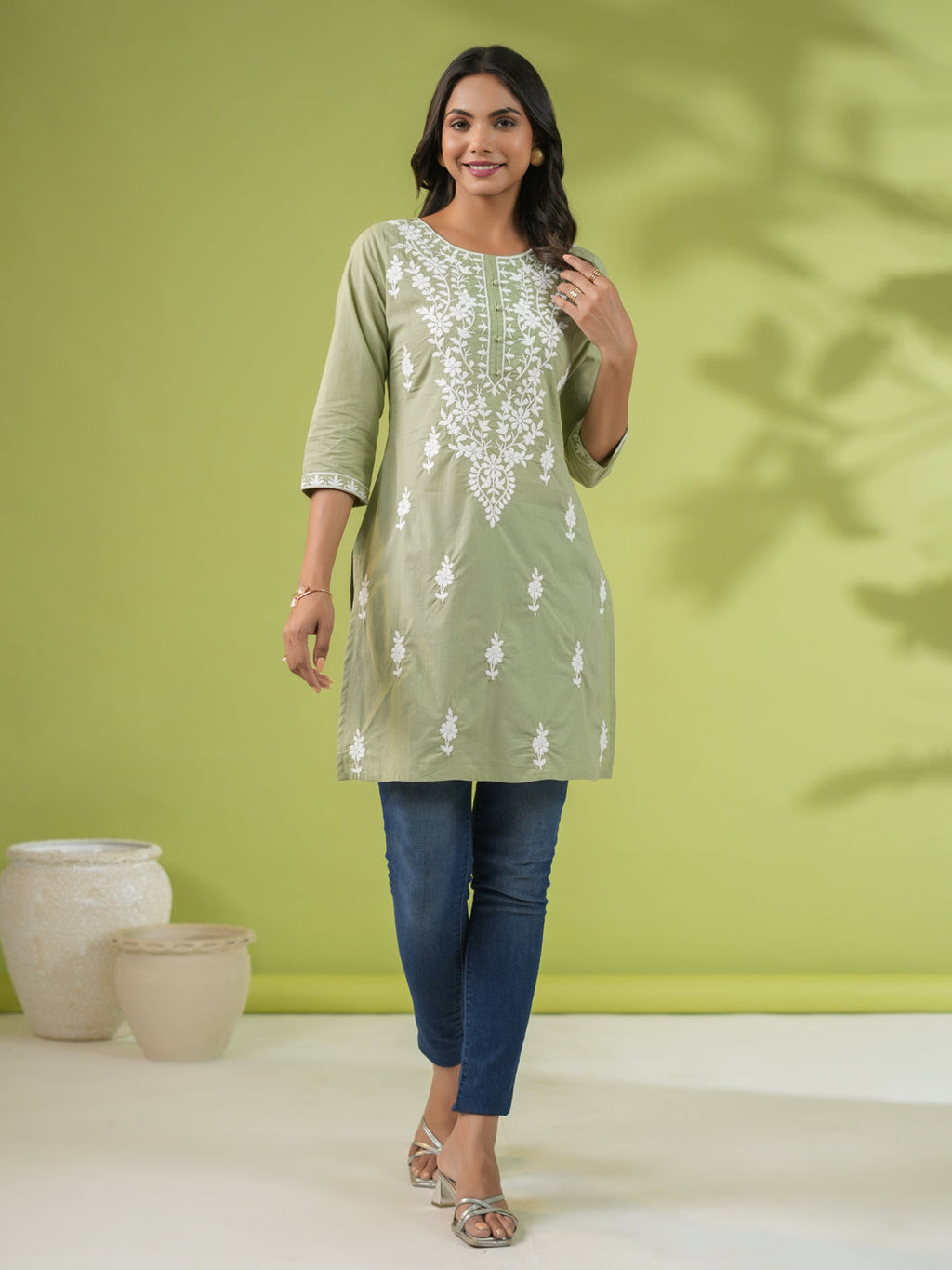 Janasya Sage Cambric Embroidered Tunic