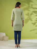 Janasya Regular Cambric Sage Embroidered Round Neck Tunic