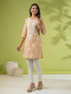 Janasya Straight Cambric Beige Embroidered Round Neck Tunic