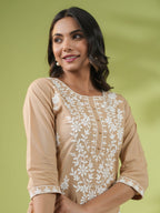 Janasya Straight Cambric Beige Embroidered Round Neck Tunic