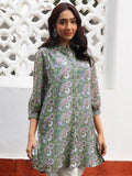 Janasya Regular Weightless Georgette Sage Floral Band Collar Tunic