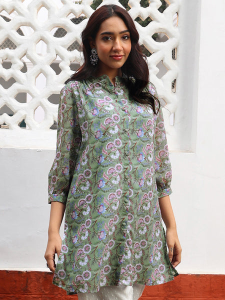 Janasya Regular Weightless Georgette Sage Floral Band Collar Tunic