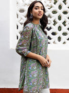 Janasya Regular Weightless Georgette Sage Floral Band Collar Tunic