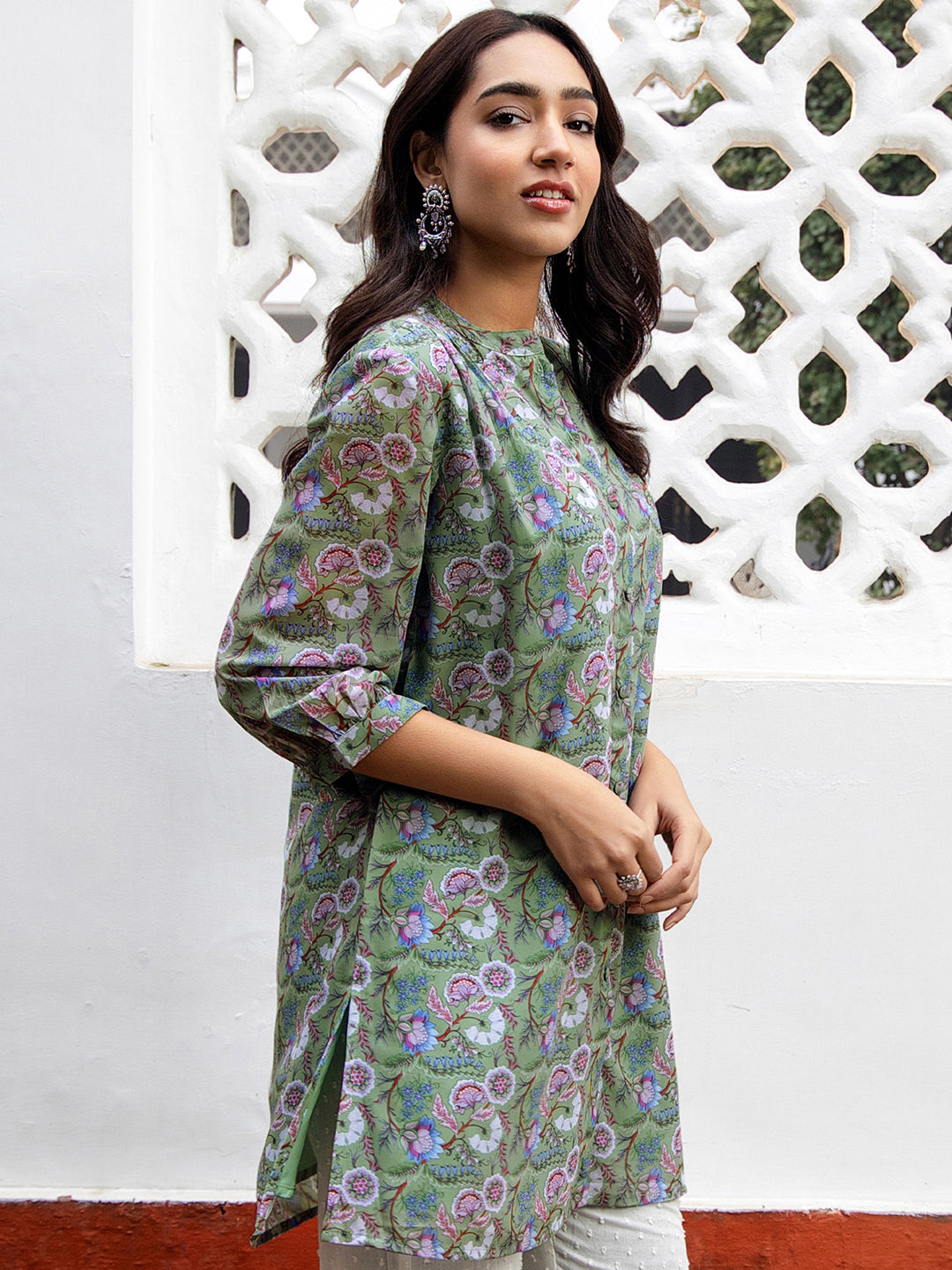 Janasya Regular Weightless Georgette Sage Floral Band Collar Tunic