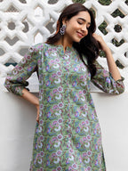 Janasya Regular Weightless Georgette Sage Floral Band Collar Tunic