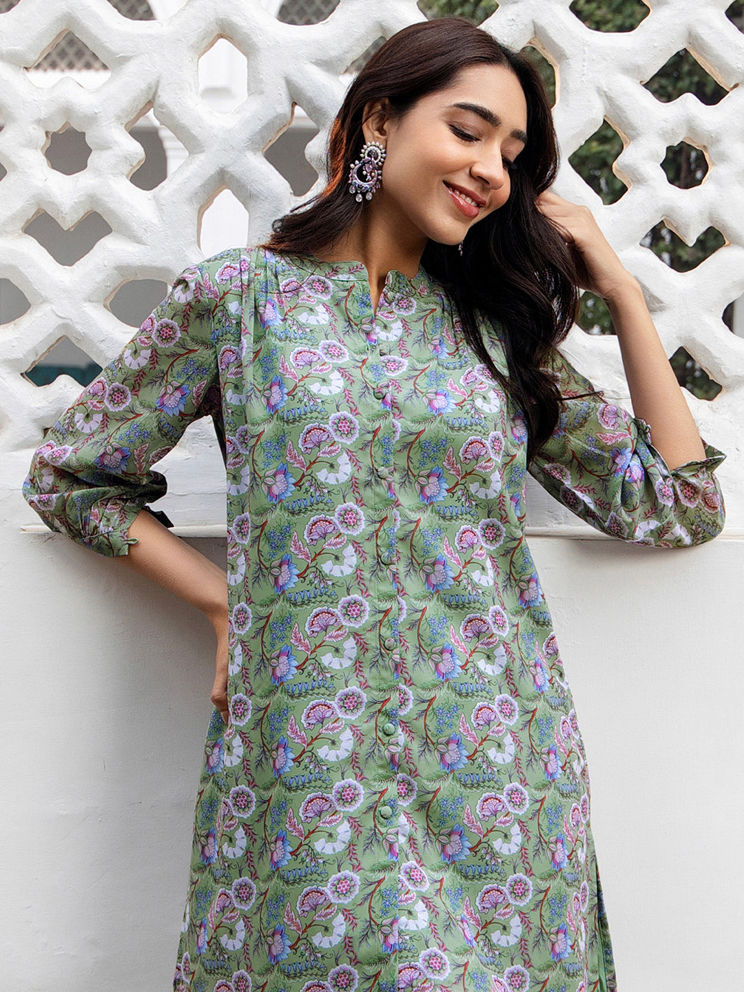 Janasya Regular Weightless Georgette Sage Floral Band Collar Tunic