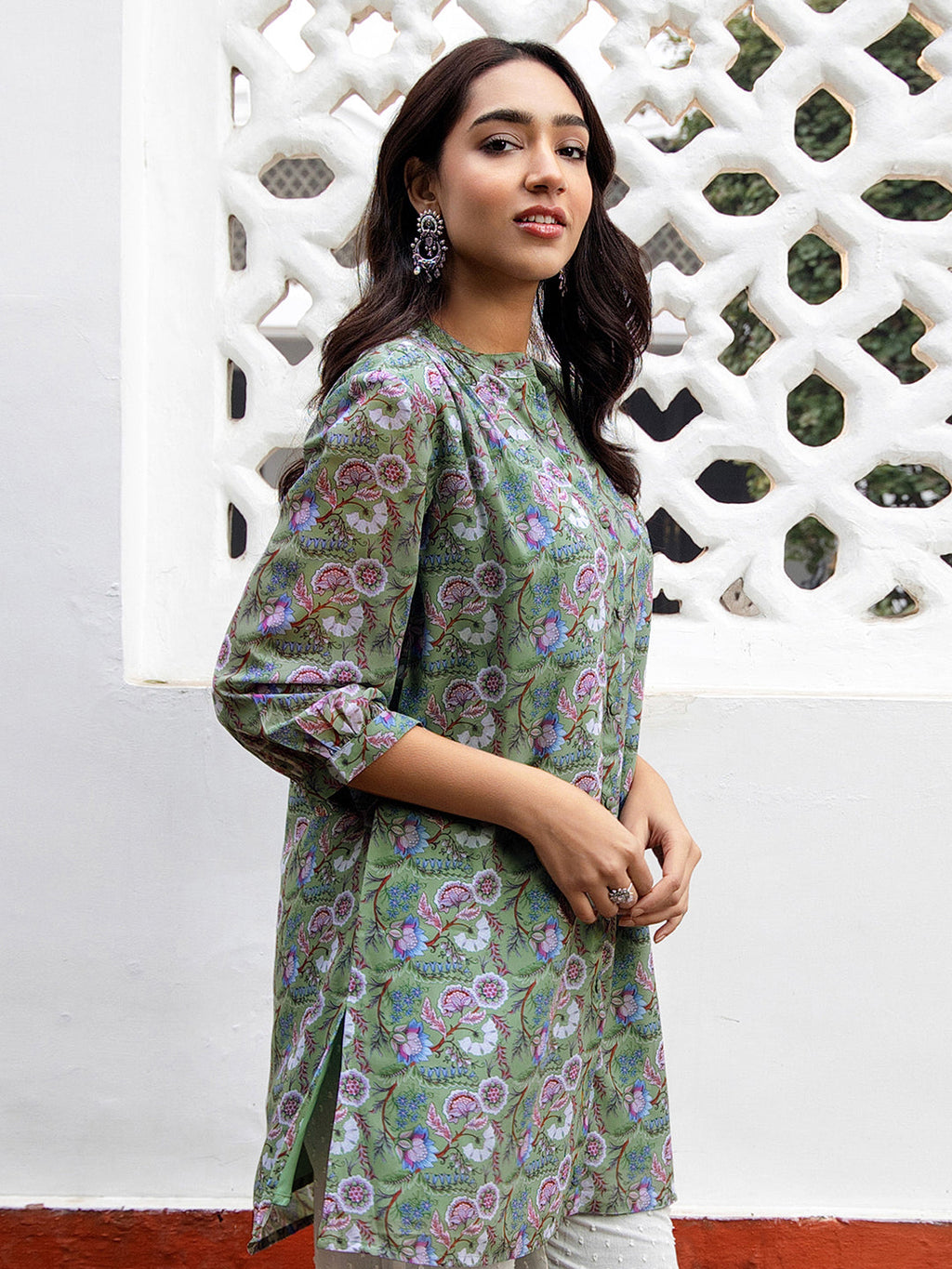 Janasya Regular Weightless Georgette Sage Floral Band Collar Tunic