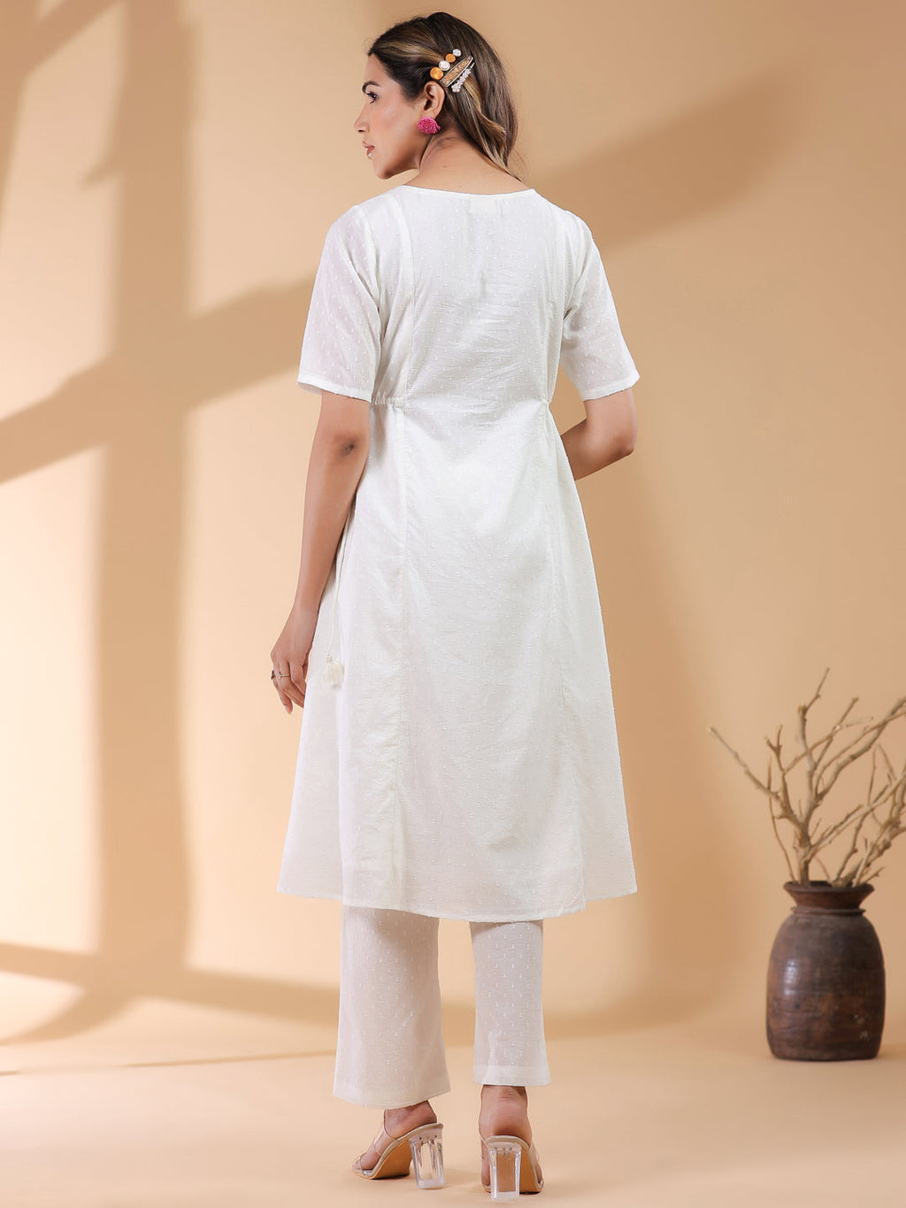 Janasya Light Dobby Cotton Self Design A-Line Kurta Set - Distacart