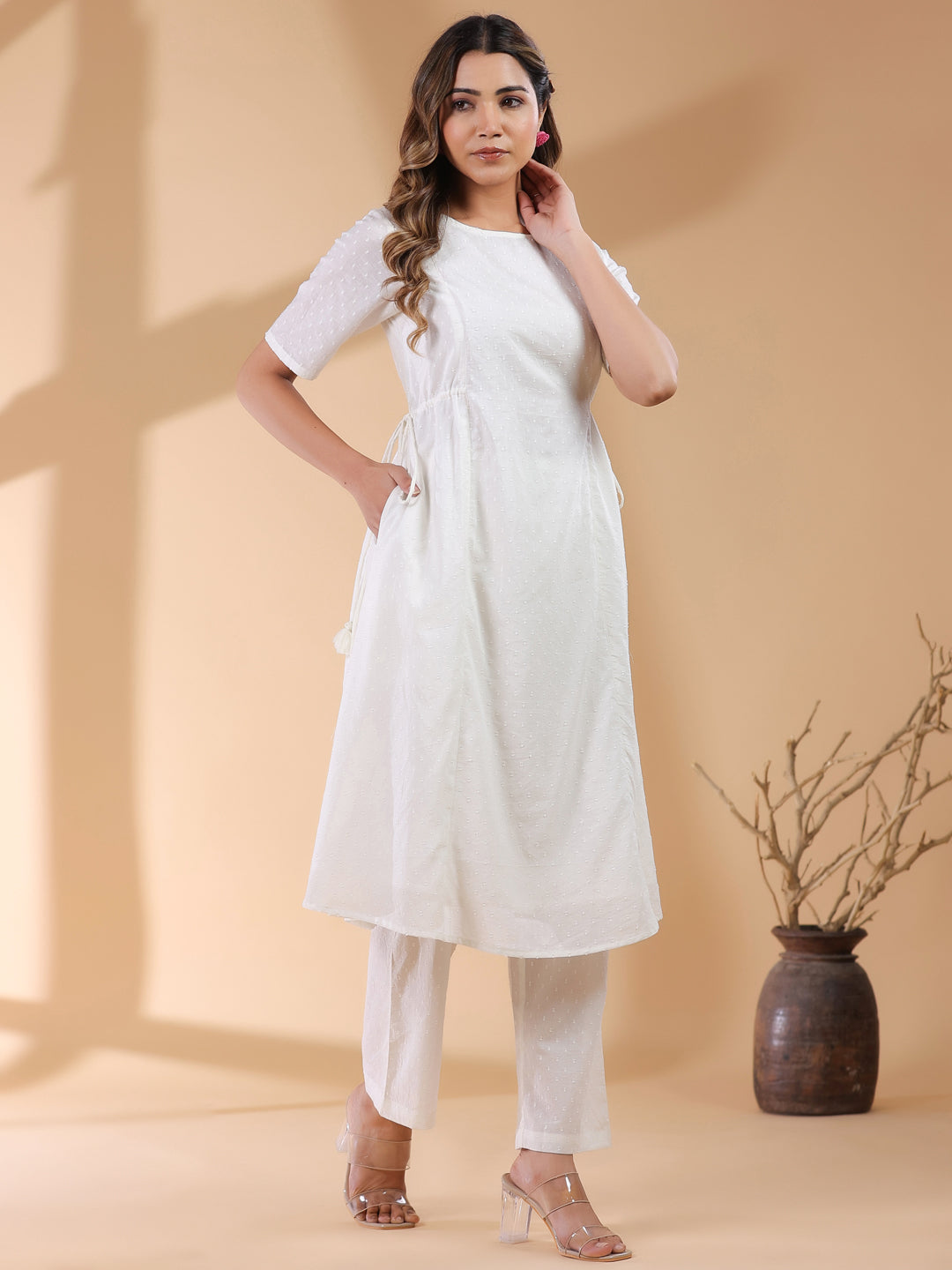 Janasya Light Dobby Cotton Self Design A-Line Kurta Set - Distacart