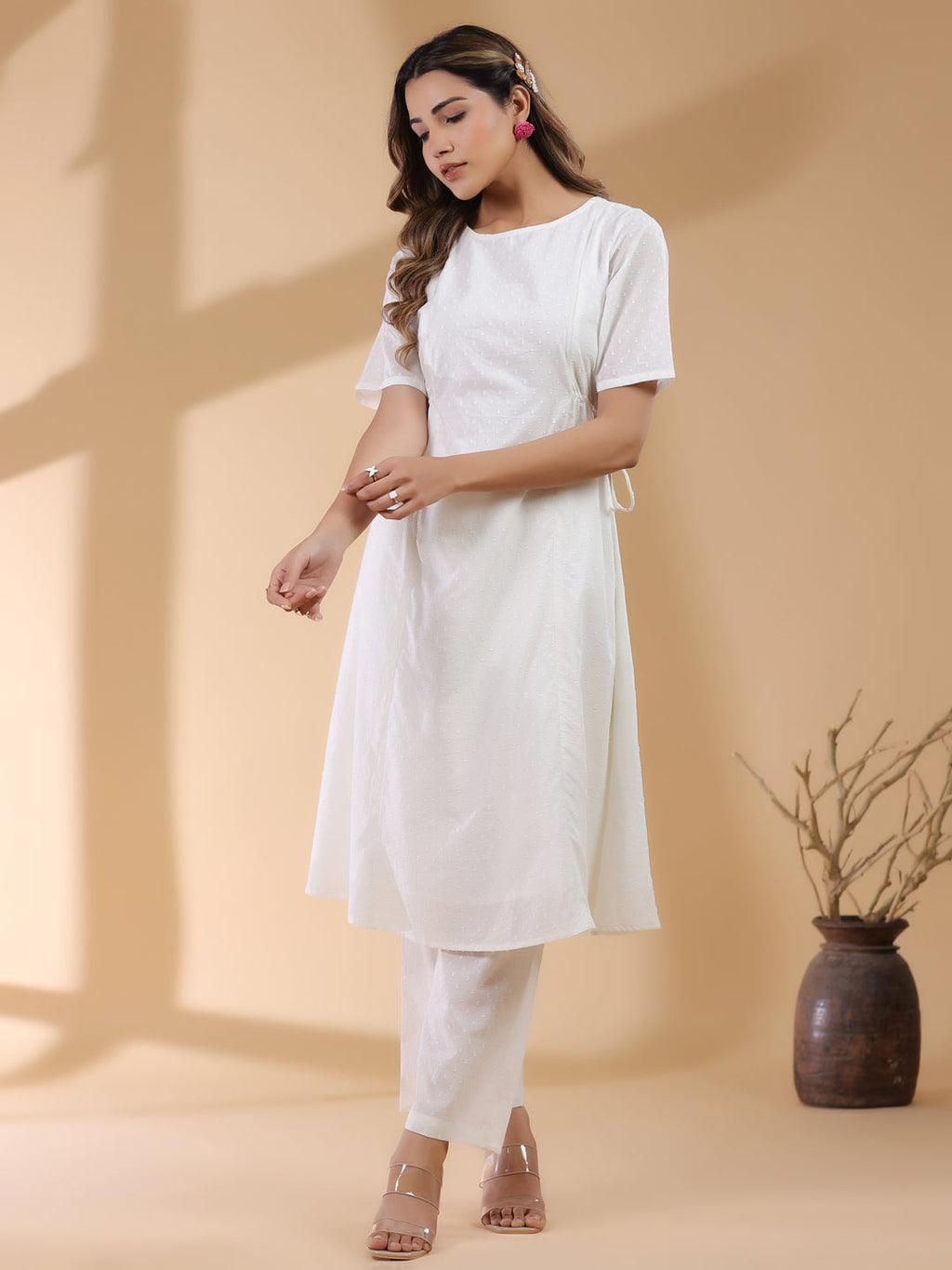 Janasya Light Dobby Cotton Self Design A-Line Kurta Set - Distacart