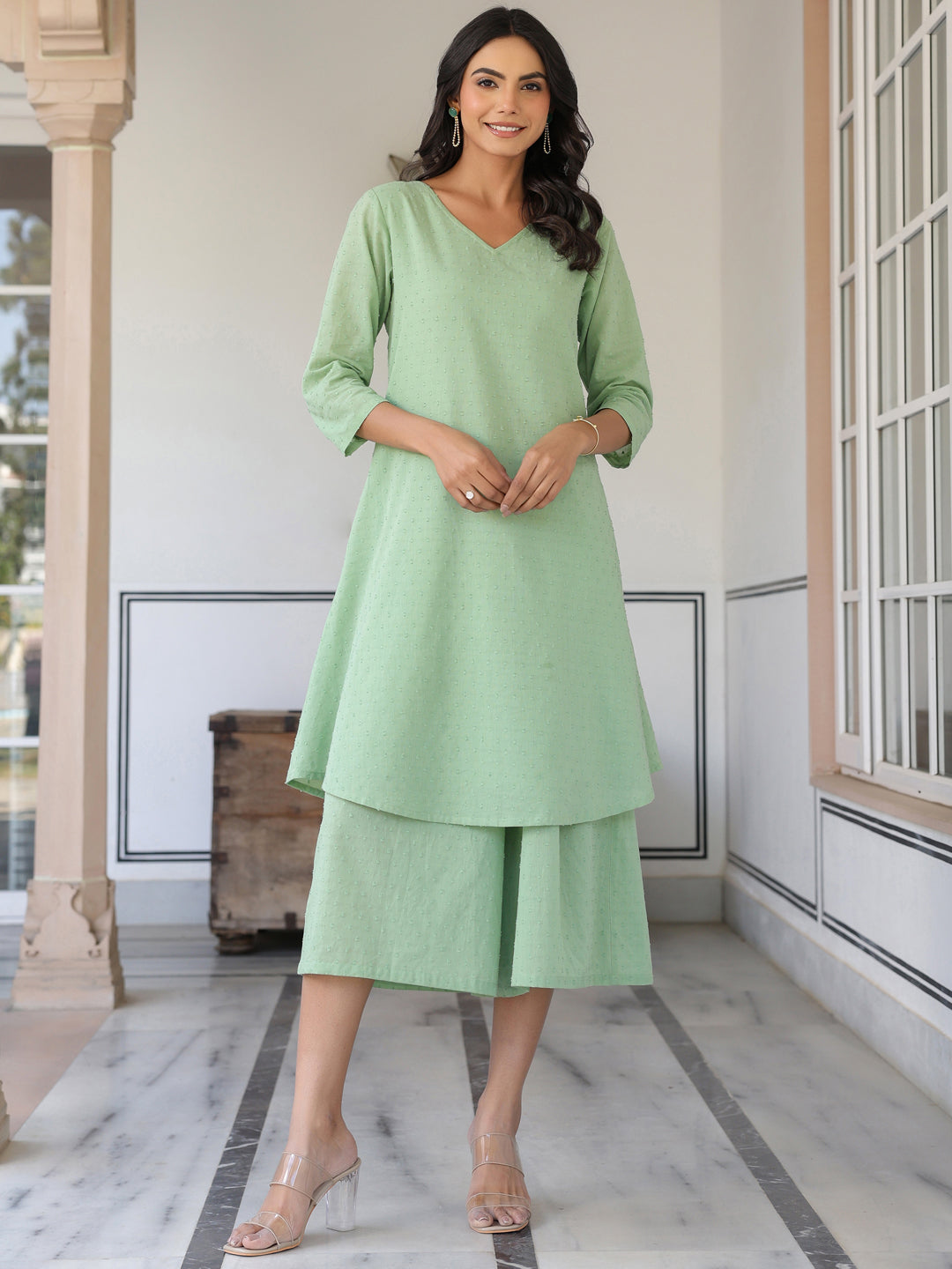 Janasya Light Dobby Cotton Self Design A-Line Top & Bottom Set - Distacart