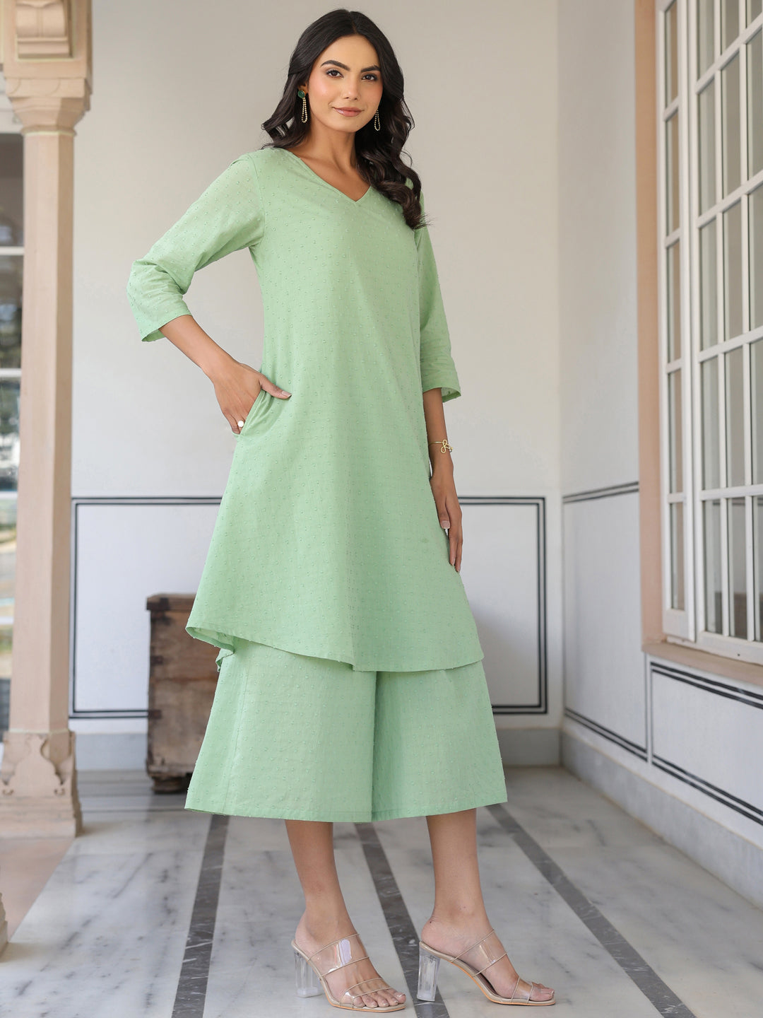 Janasya Light Dobby Cotton Self Design A-Line Top & Bottom Set - Distacart