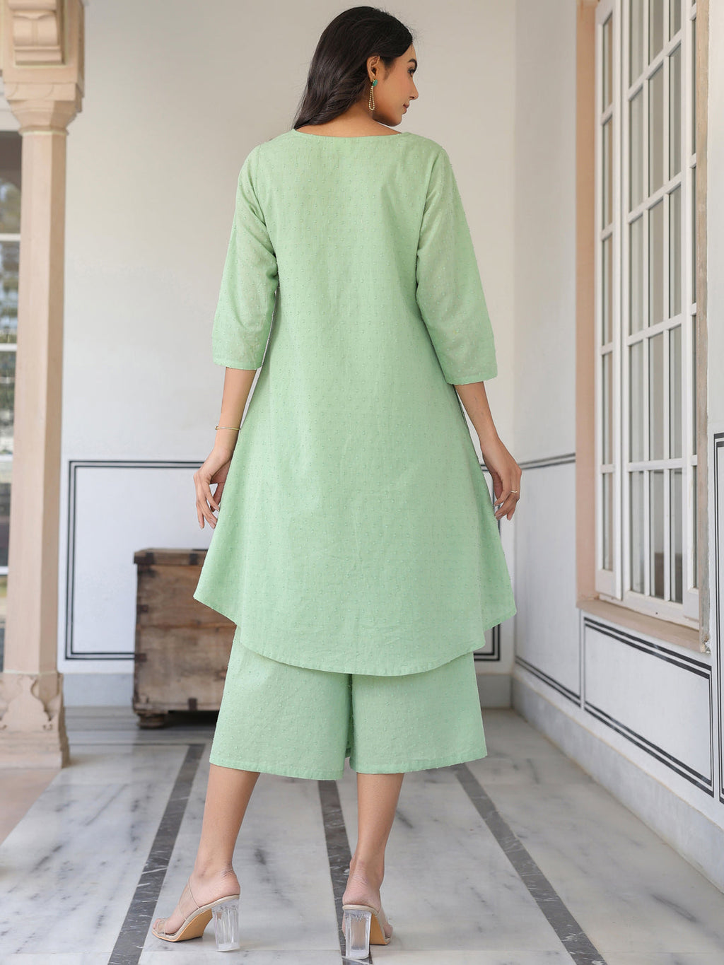 Janasya Light Dobby Cotton Self Design A-Line Top & Bottom Set - Distacart