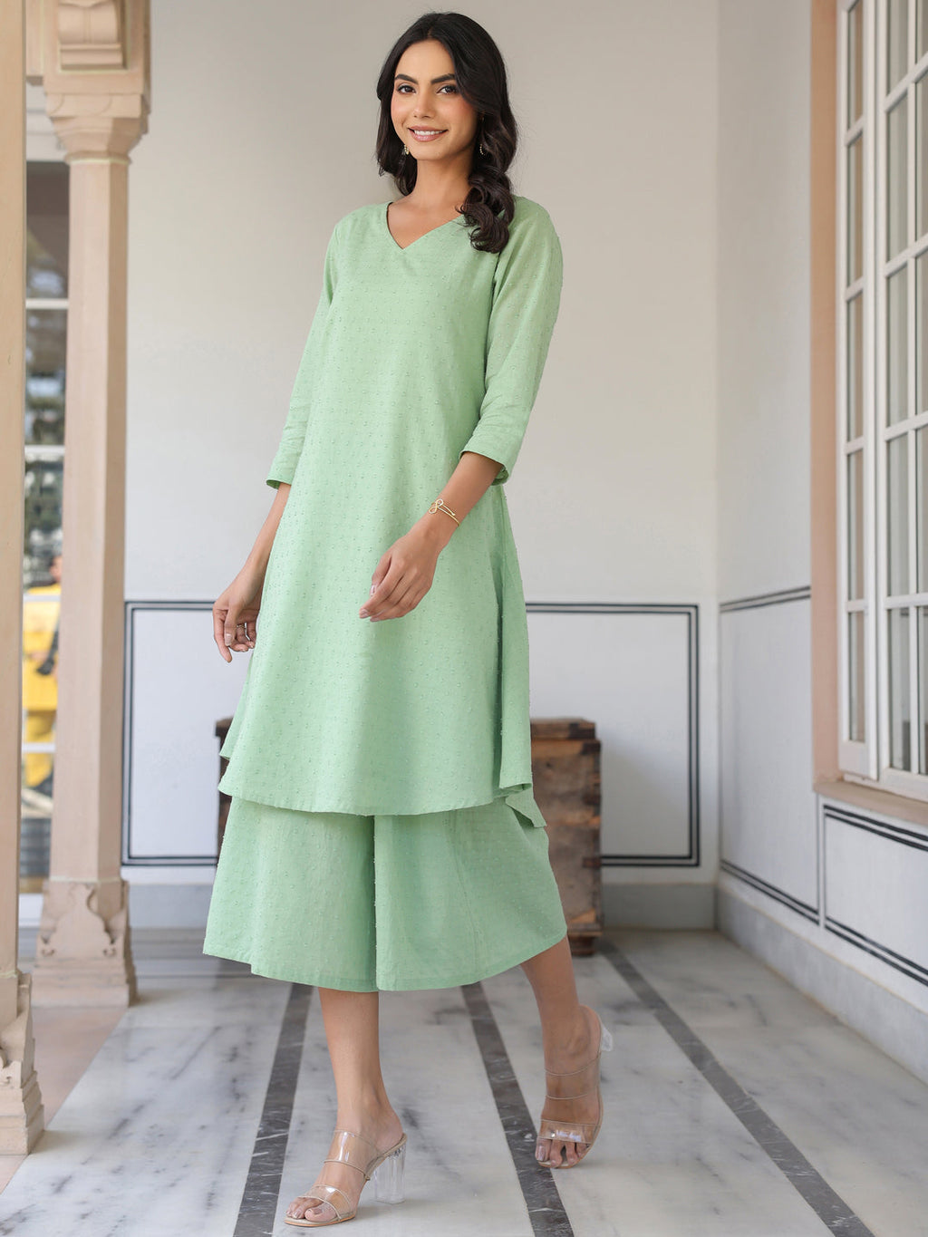 Janasya Light Dobby Cotton Self Design A-Line Top & Bottom Set - Distacart
