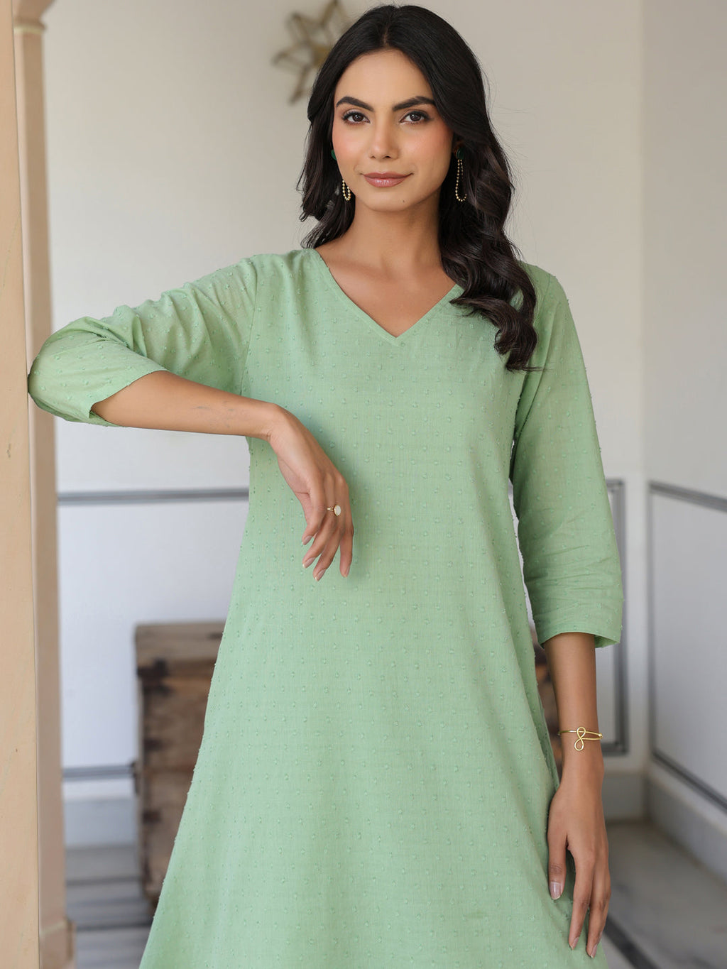 Janasya Light Dobby Cotton Self Design A-Line Top & Bottom Set - Distacart