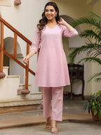 Janasya Light Dobby Cotton Self Design A-Line Top & Bottom Set - Distacart