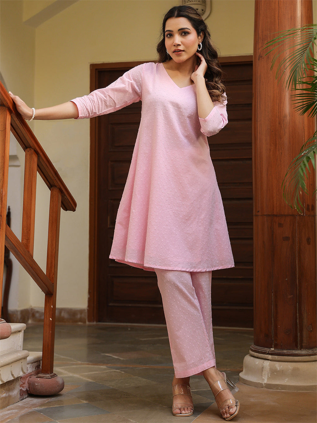 Janasya Light Dobby Cotton Self Design A-Line Top & Bottom Set - Distacart