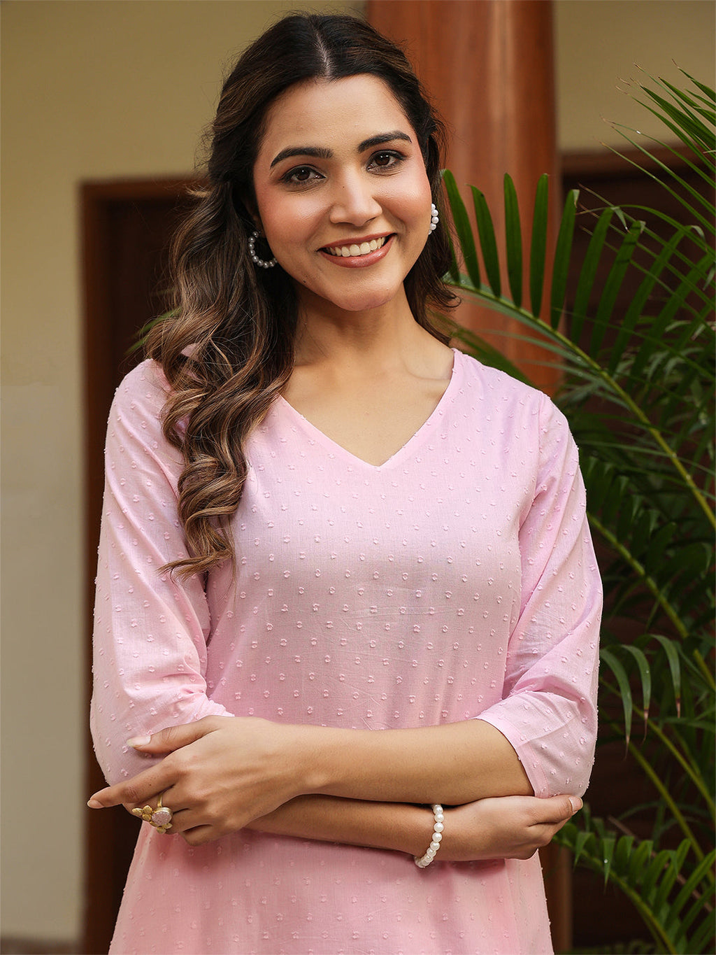 Janasya Light Dobby Cotton Self Design A-Line Top & Bottom Set - Distacart