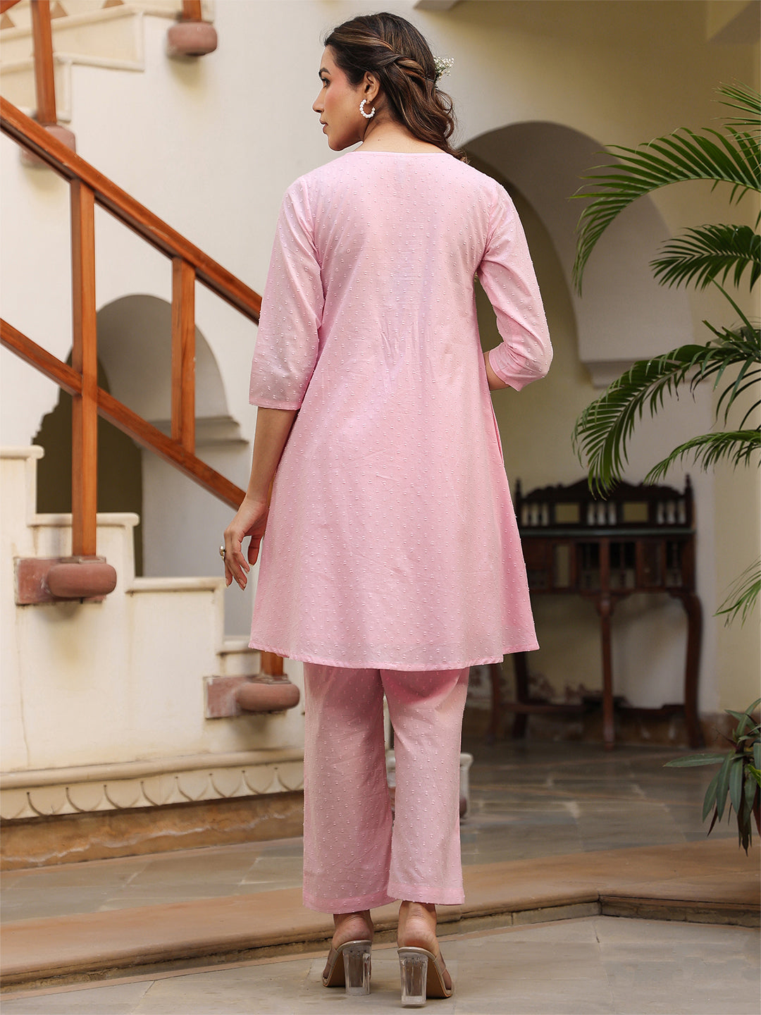 Janasya Light Dobby Cotton Self Design A-Line Top & Bottom Set - Distacart