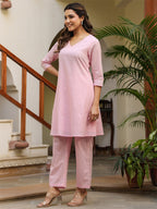 Janasya Light Dobby Cotton Self Design A-Line Top & Bottom Set - Distacart