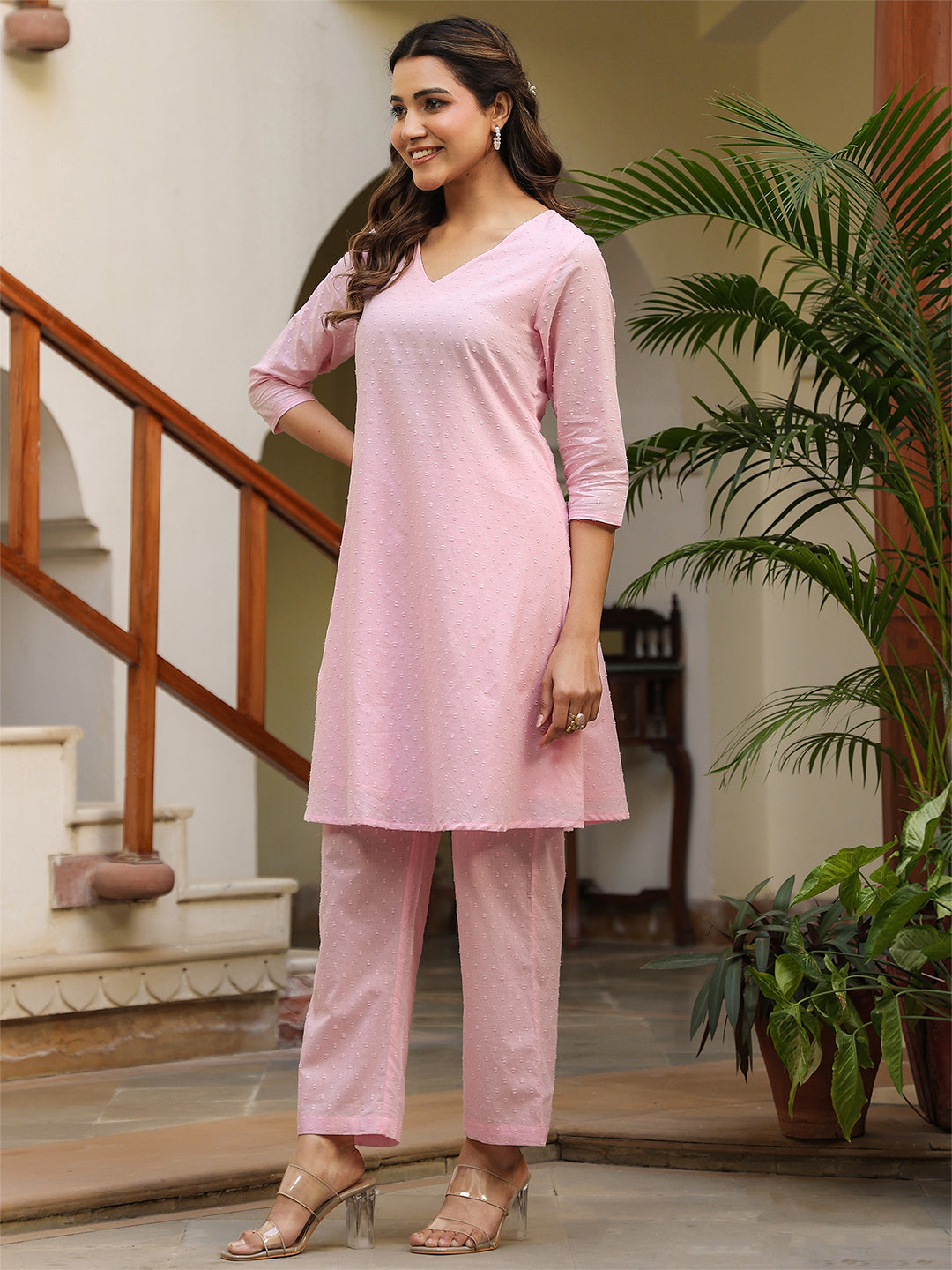 Janasya Light Dobby Cotton Self Design A-Line Top & Bottom Set - Distacart