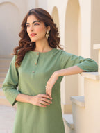 Janasya Dark Cotton Solid A-Line Top & Bottom Set - Distacart