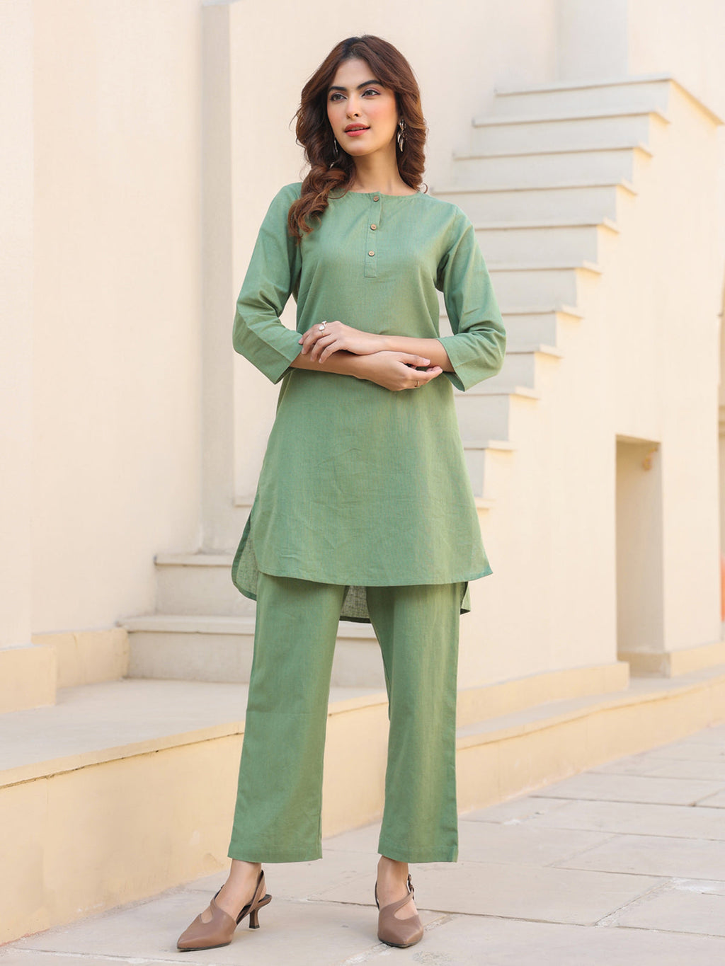 Janasya Dark Cotton Solid A-Line Top & Bottom Set - Distacart