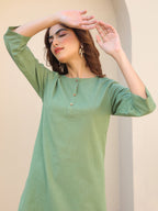 Janasya Dark Cotton Solid A-Line Top & Bottom Set - Distacart