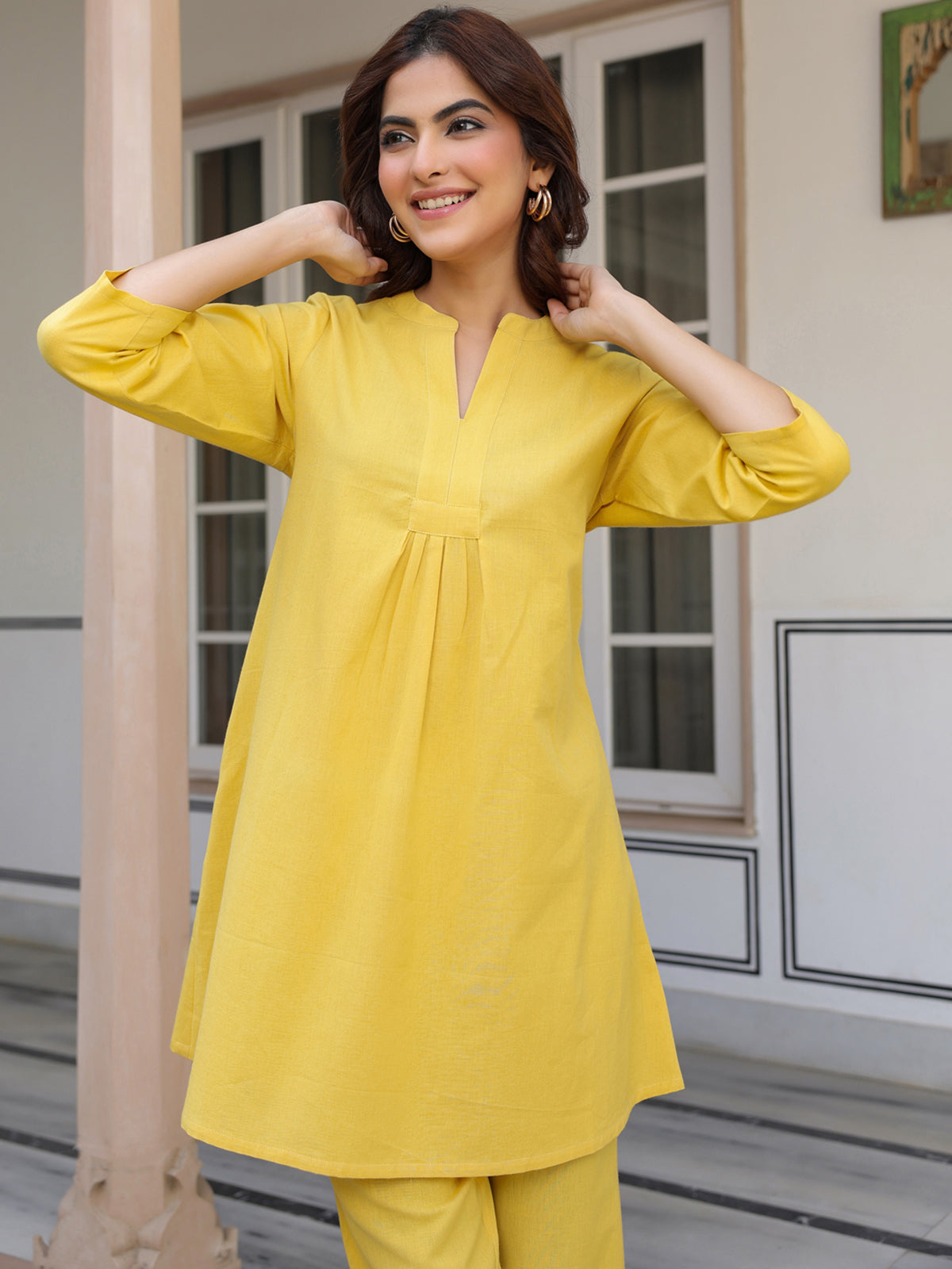 Janasya Bright Cotton Solid A-Line Top & Bottom Set - Distacart