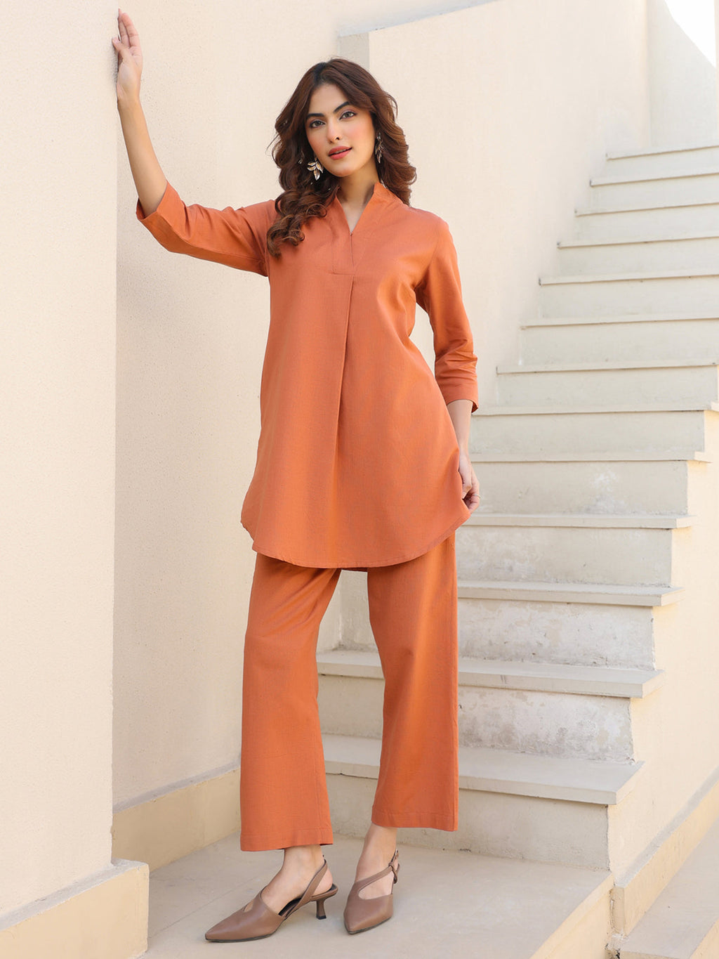 Janasya Dark Cotton Solid A-Line Top & Bottom Set - Distacart