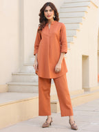 Janasya Dark Cotton Solid A-Line Top & Bottom Set - Distacart