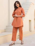 Janasya Dark Cotton Solid A-Line Top & Bottom Set - Distacart