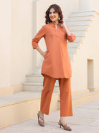 Janasya Dark Cotton Solid A-Line Top & Bottom Set - Distacart