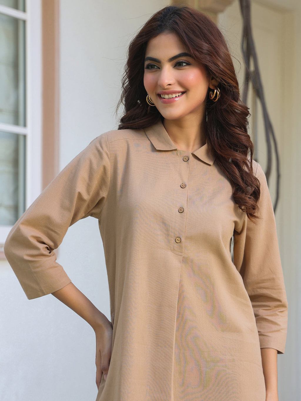 Janasya Dark Cotton Solid A-Line Top & Bottom Set - Distacart