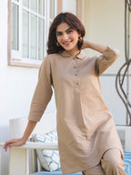 Janasya Dark Cotton Solid A-Line Top & Bottom Set - Distacart