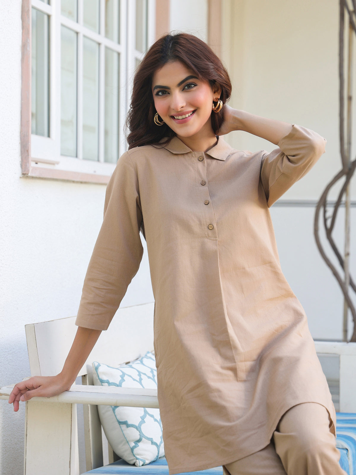 Janasya Dark Cotton Solid A-Line Top & Bottom Set - Distacart
