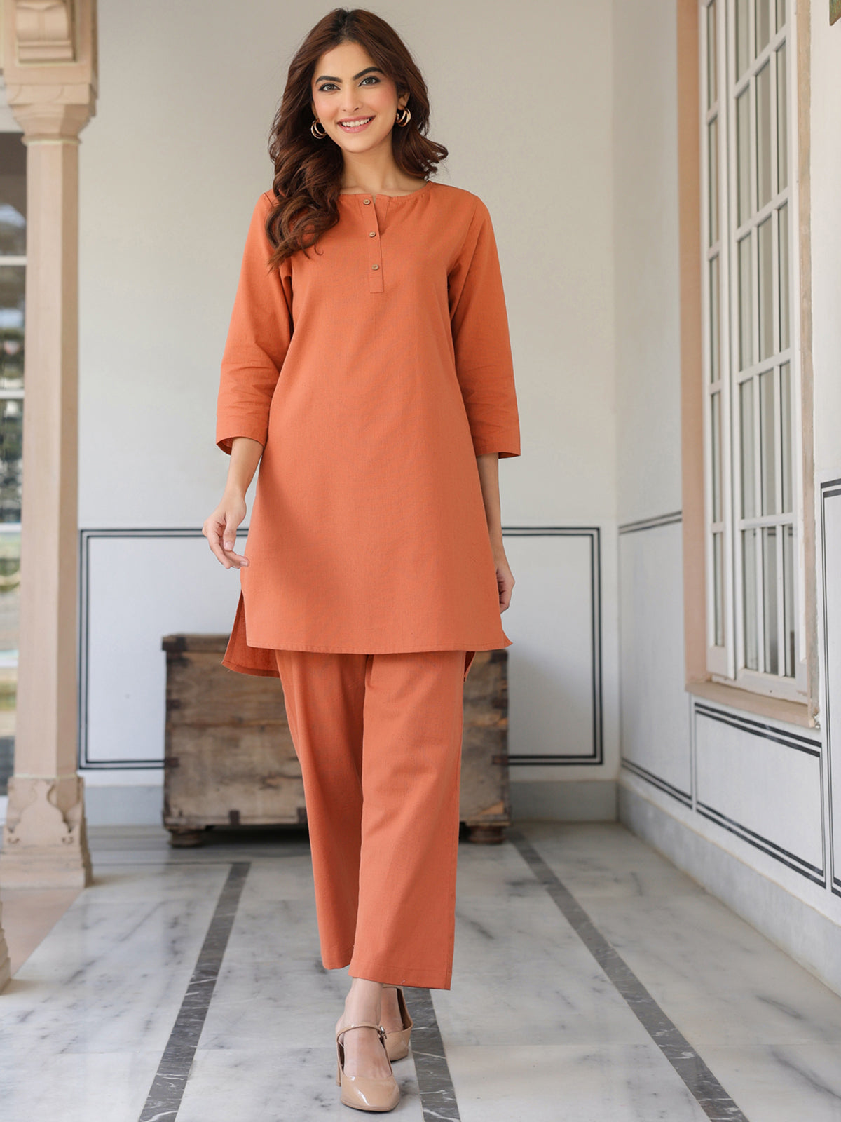 Janasya Dark Cotton Solid A-Line Top & Bottom Set - Distacart