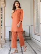 Janasya Dark Cotton Solid A-Line Top & Bottom Set - Distacart