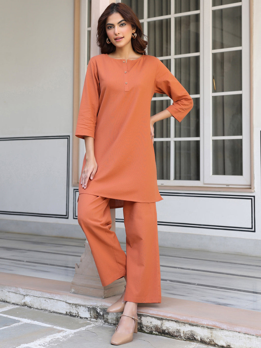 Janasya Dark Cotton Solid A-Line Top & Bottom Set - Distacart