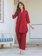 Janasya Dark Cotton Solid A-Line Top & Bottom Set - Distacart