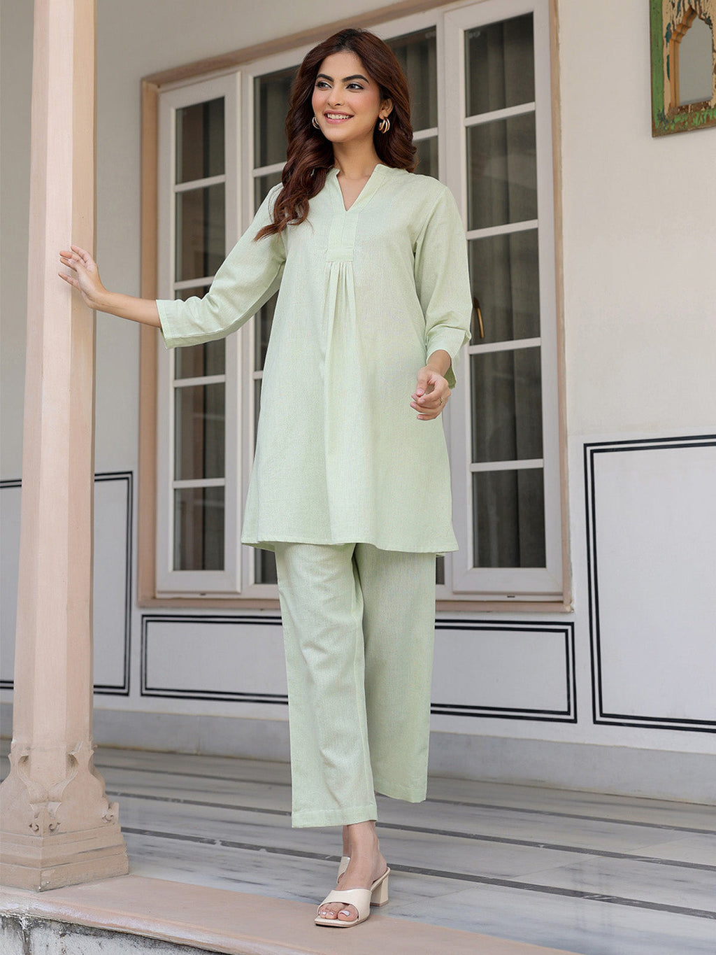 Janasya Light Cotton Solid A-Line Top & Bottom Set - Distacart