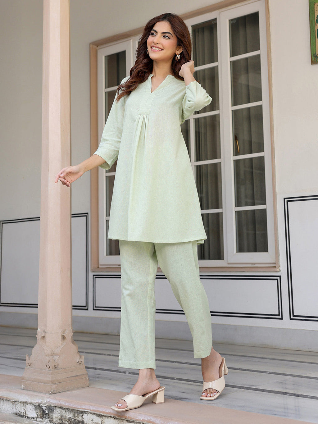 Janasya Light Cotton Solid A-Line Top & Bottom Set - Distacart