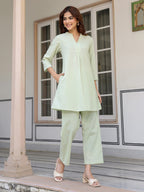 Janasya Light Cotton Solid A-Line Top & Bottom Set - Distacart